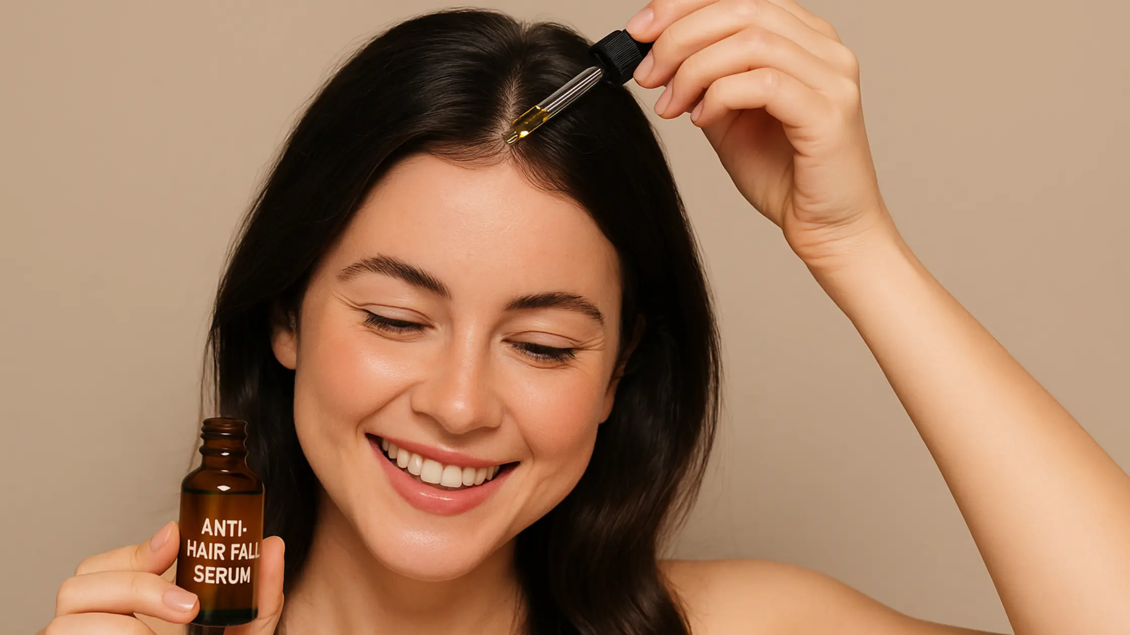 woman applying anti-hair fall serum