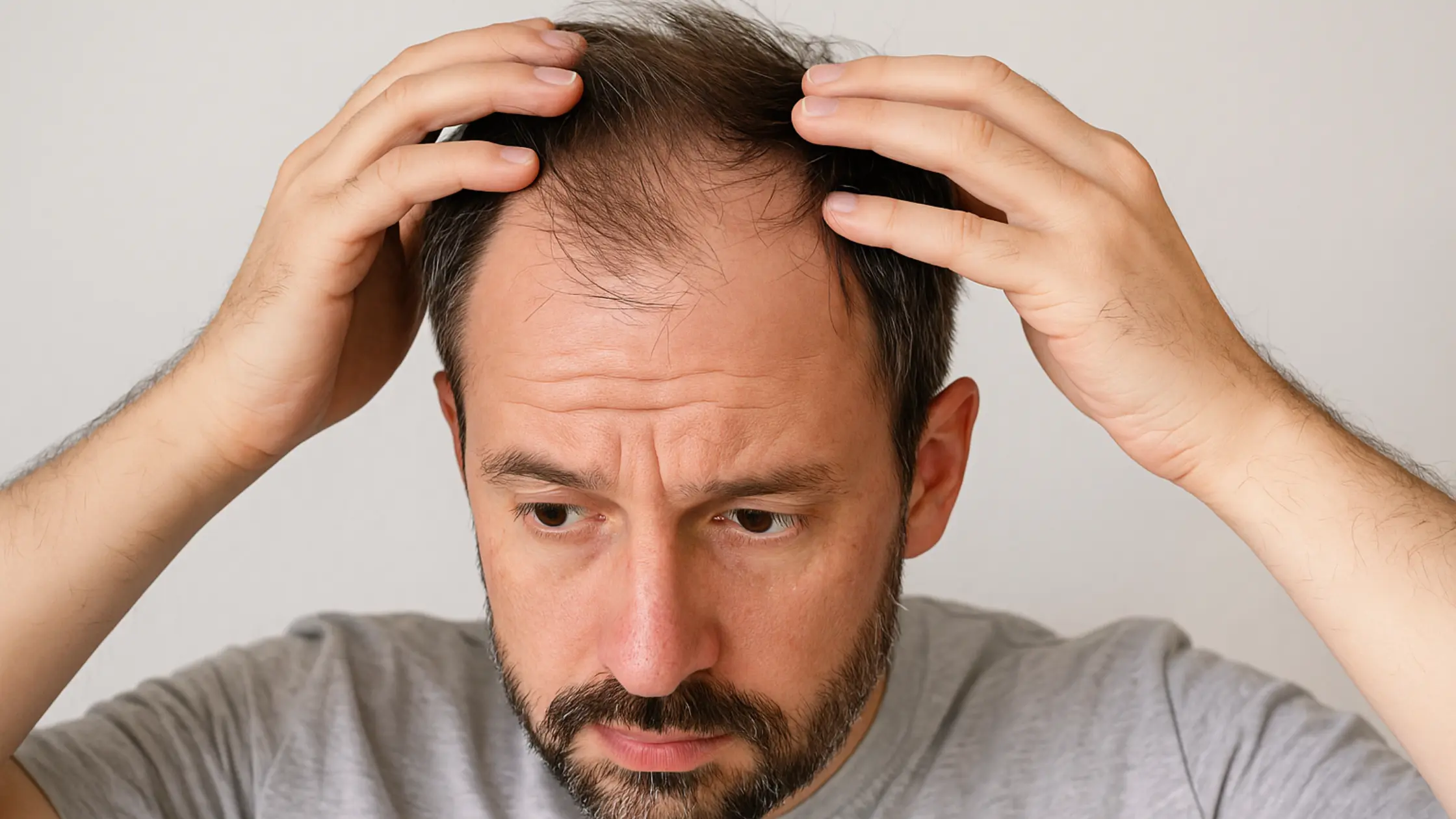 man looking at his receding hairline and wondering whether it is right time to get a hair transplant